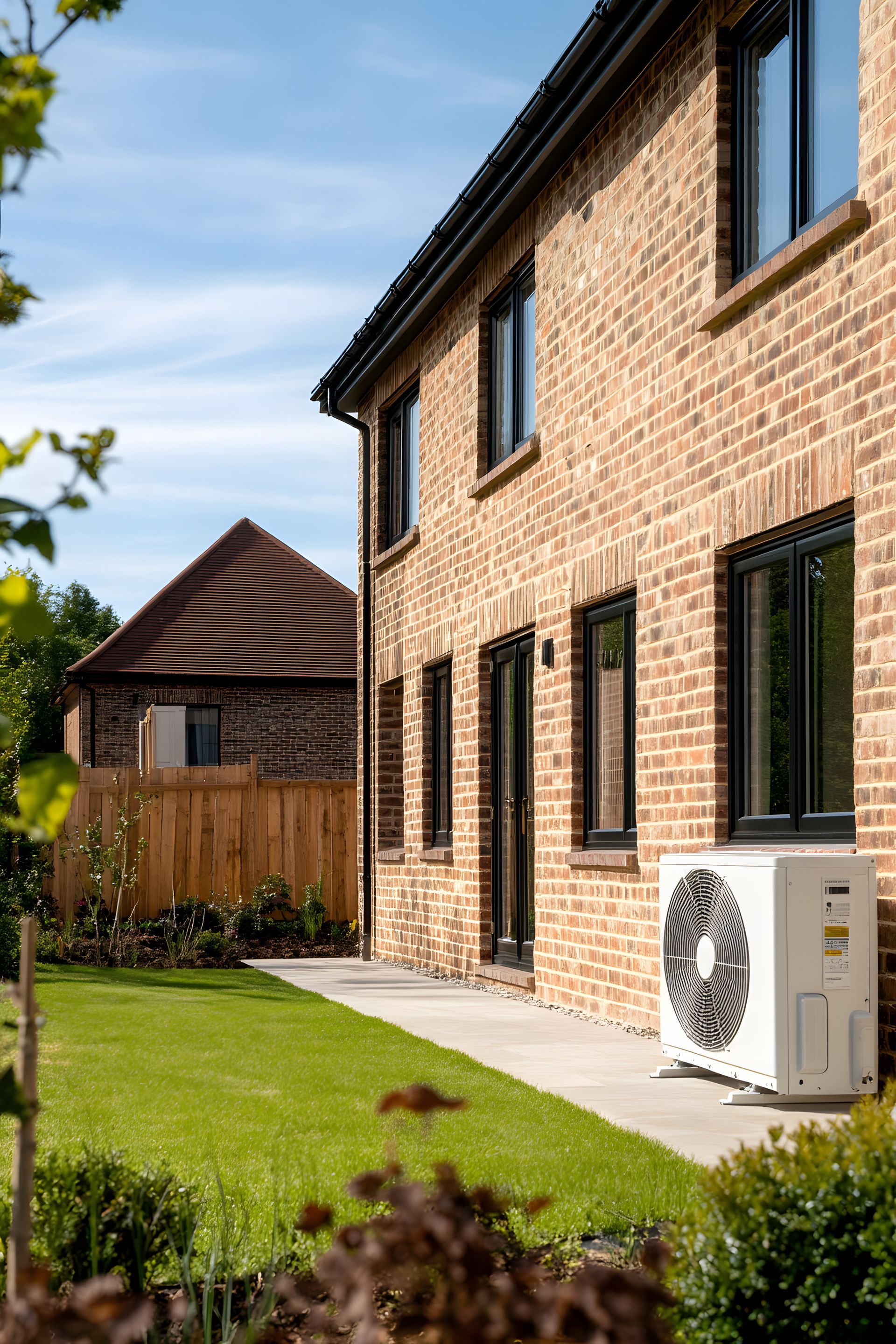 Maison en briques de deux étages avec pompe à chaleur, pelouse.