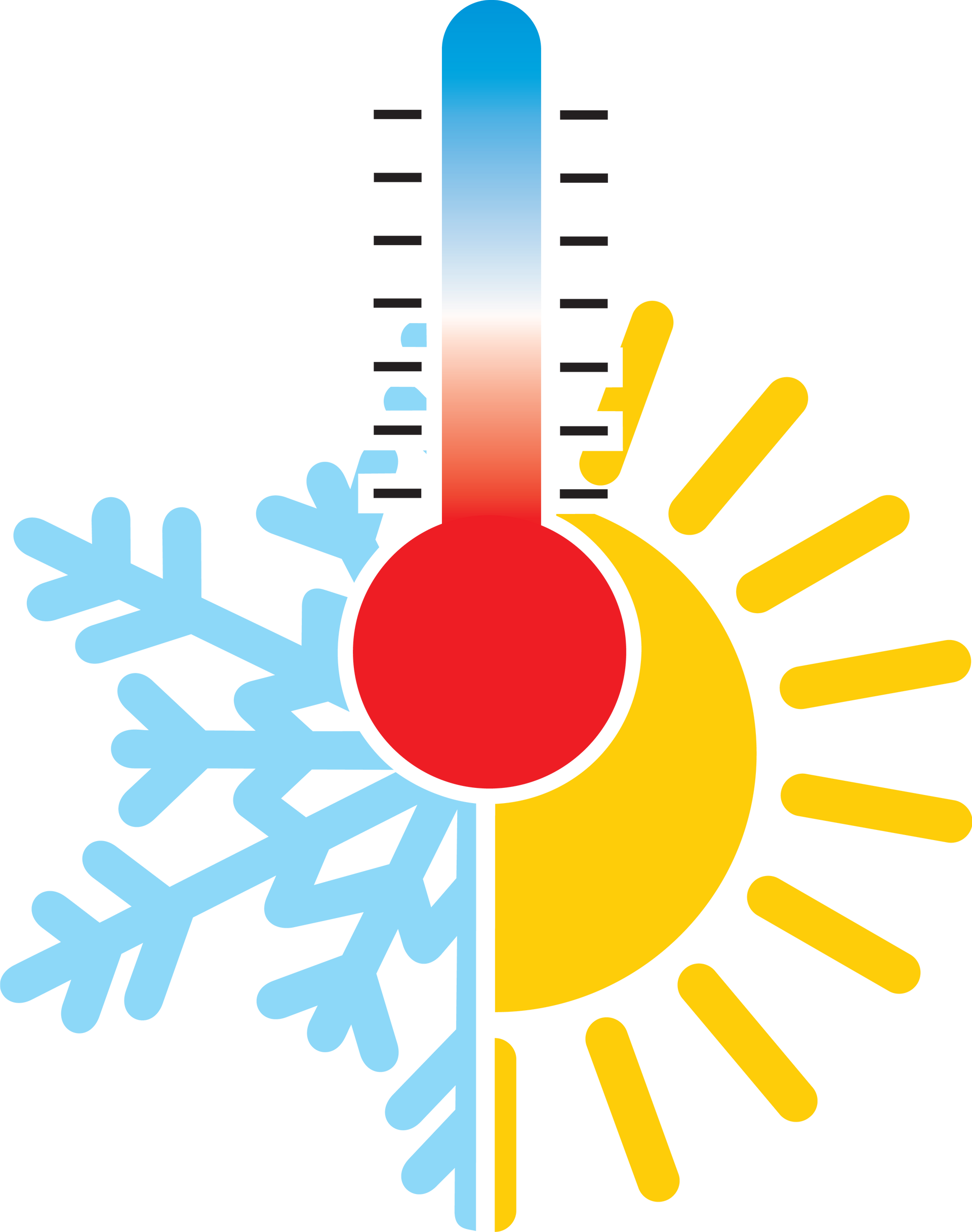 Thermomètre indiquant la plage de températures avec soleil et flocon de neige.