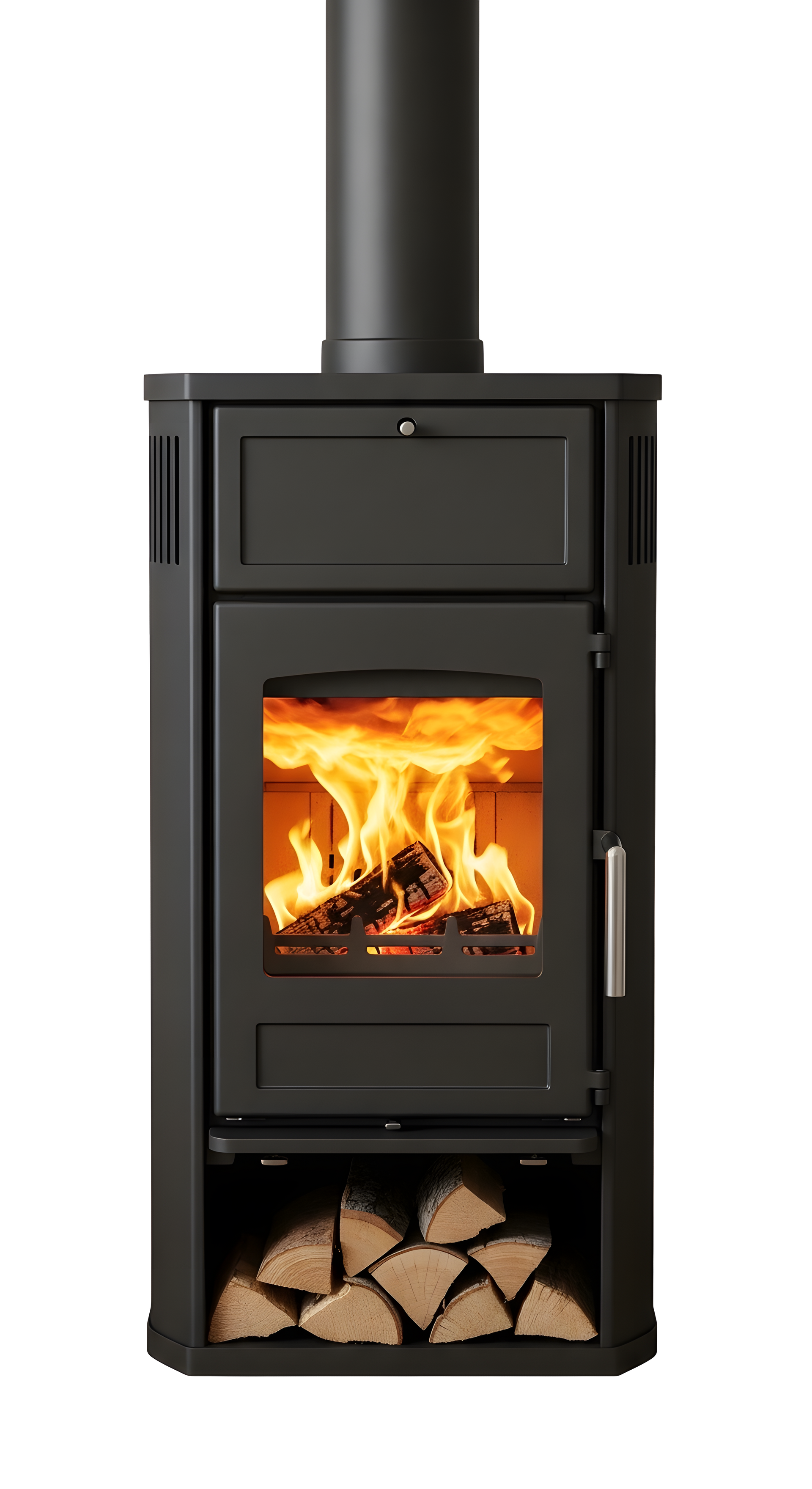 Poêle à bois noir avec feu allumé, bûches en dessous et cheminée.