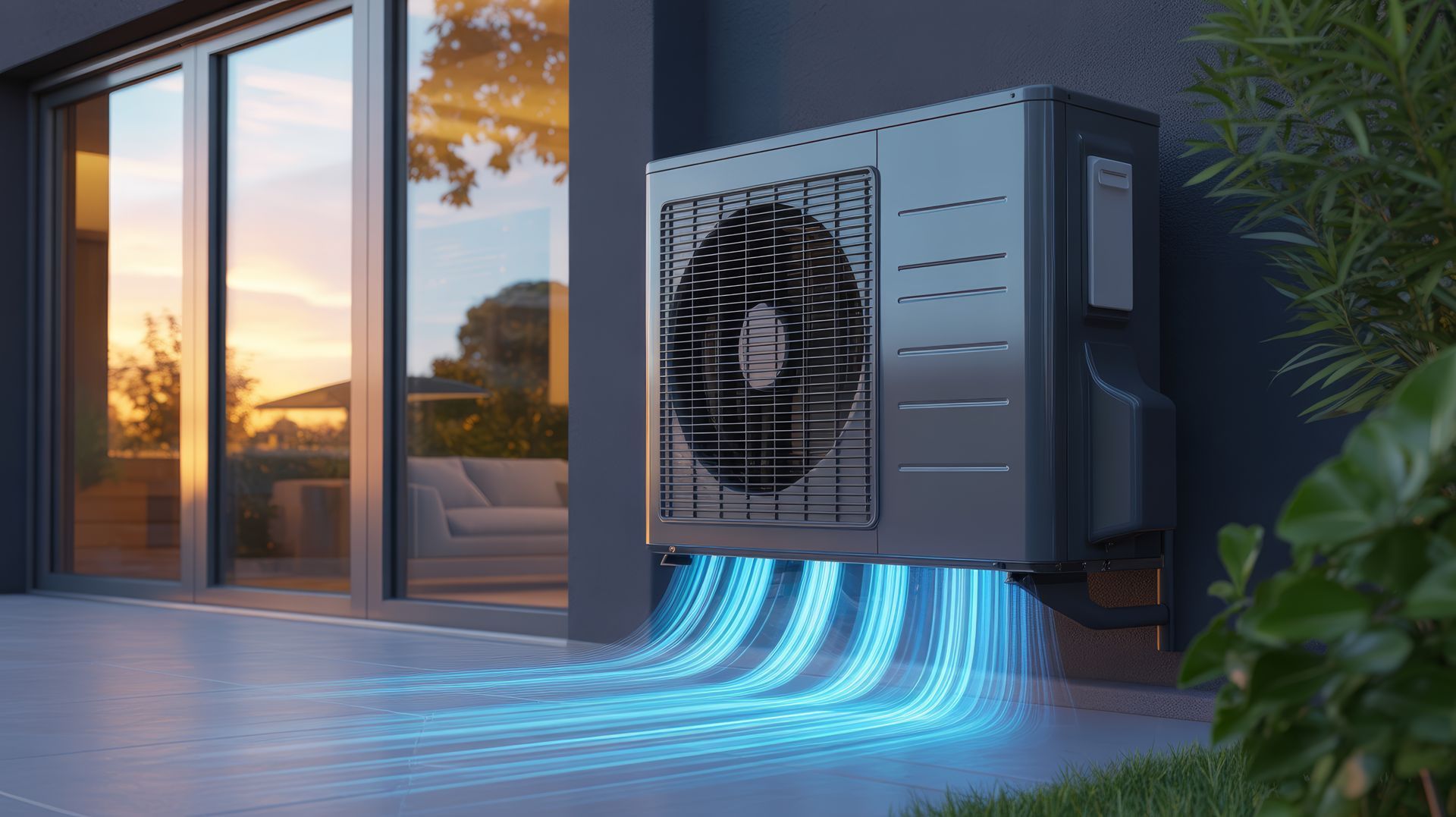 Unité de pompe à chaleur montée à l'extérieur d'une maison, avec des conduites d'air bleues qui en émanent.