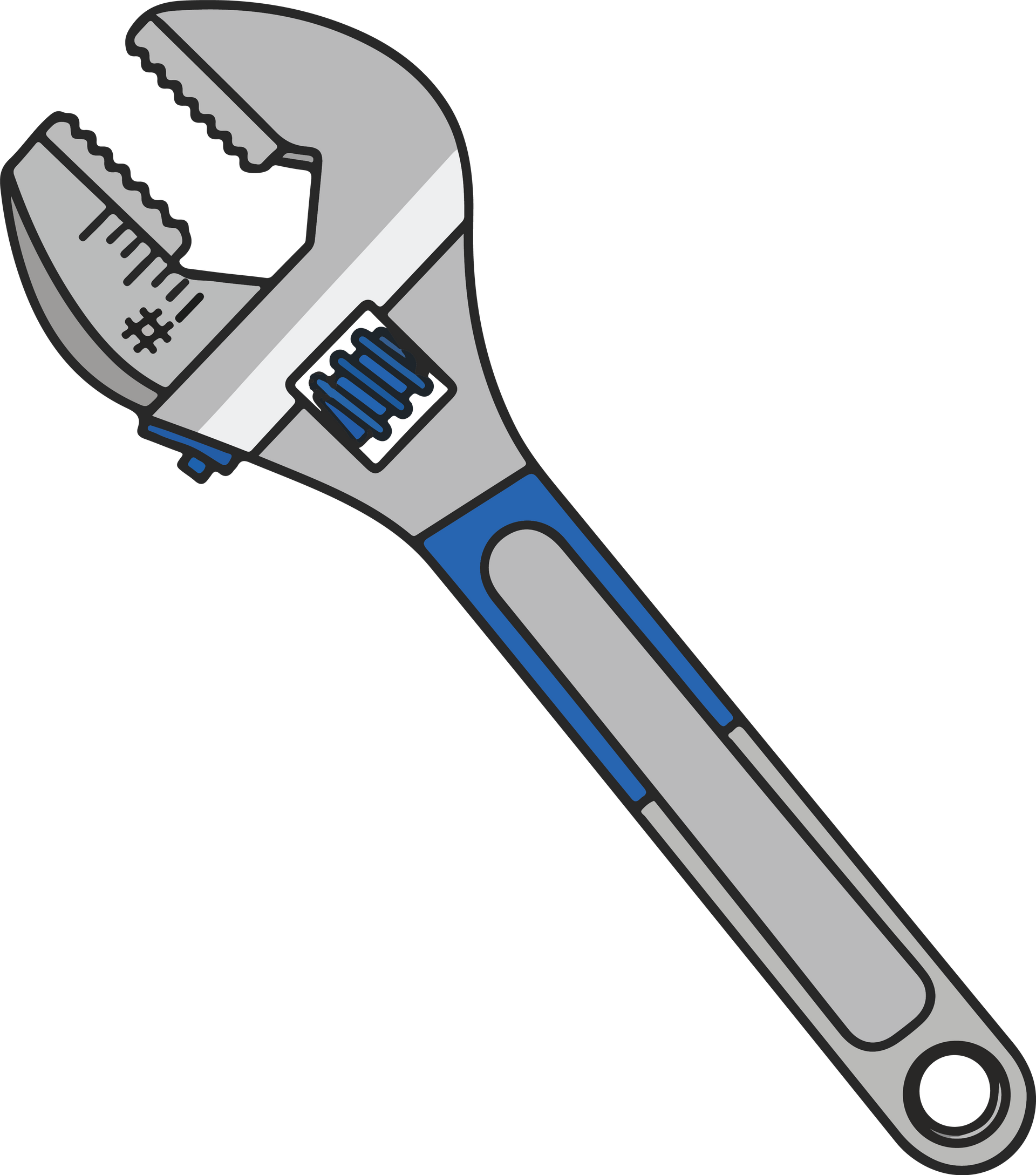 Clé réglable, grise et bleue, à mâchoires ouvertes, inclinée en diagonale.