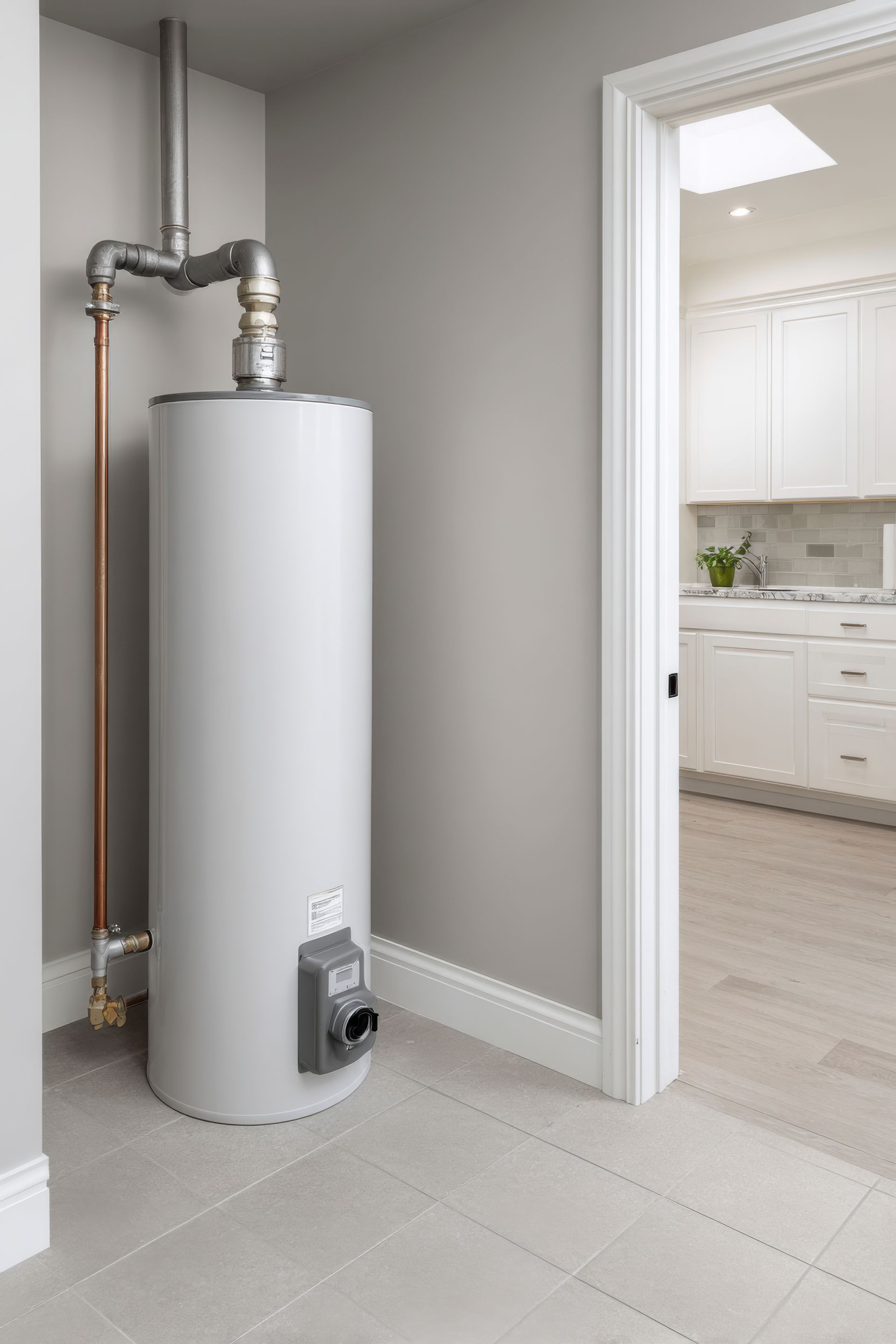 Un chauffe-eau gris dans une pièce gris clair, avec des tuyaux en cuivre et en argent.