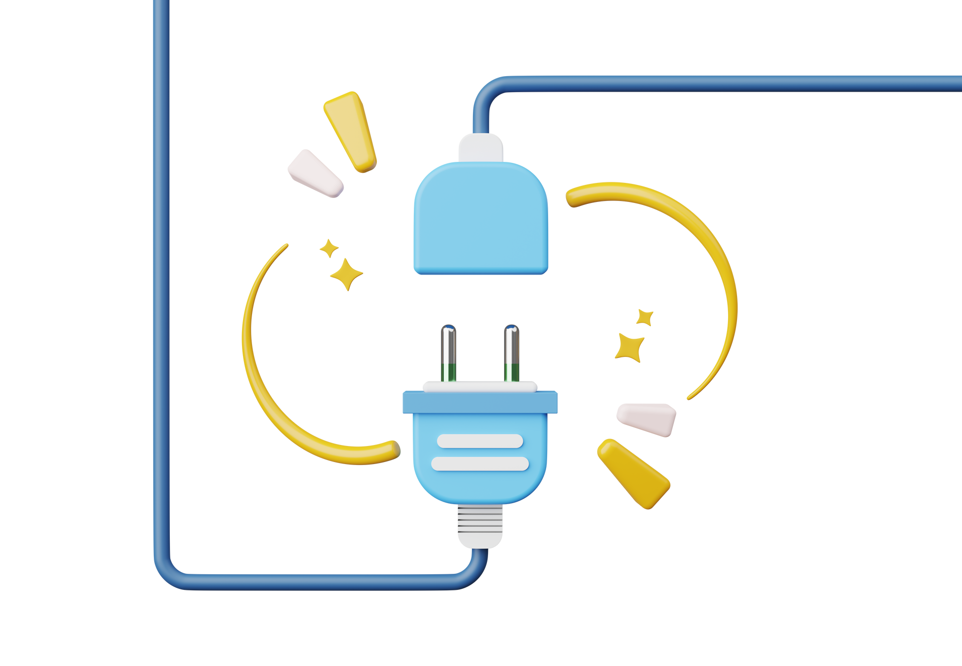 Dessin animé bleu et jaune représentant une prise et une fiche électrique branchées, des étincelles et des lignes d'énergie.