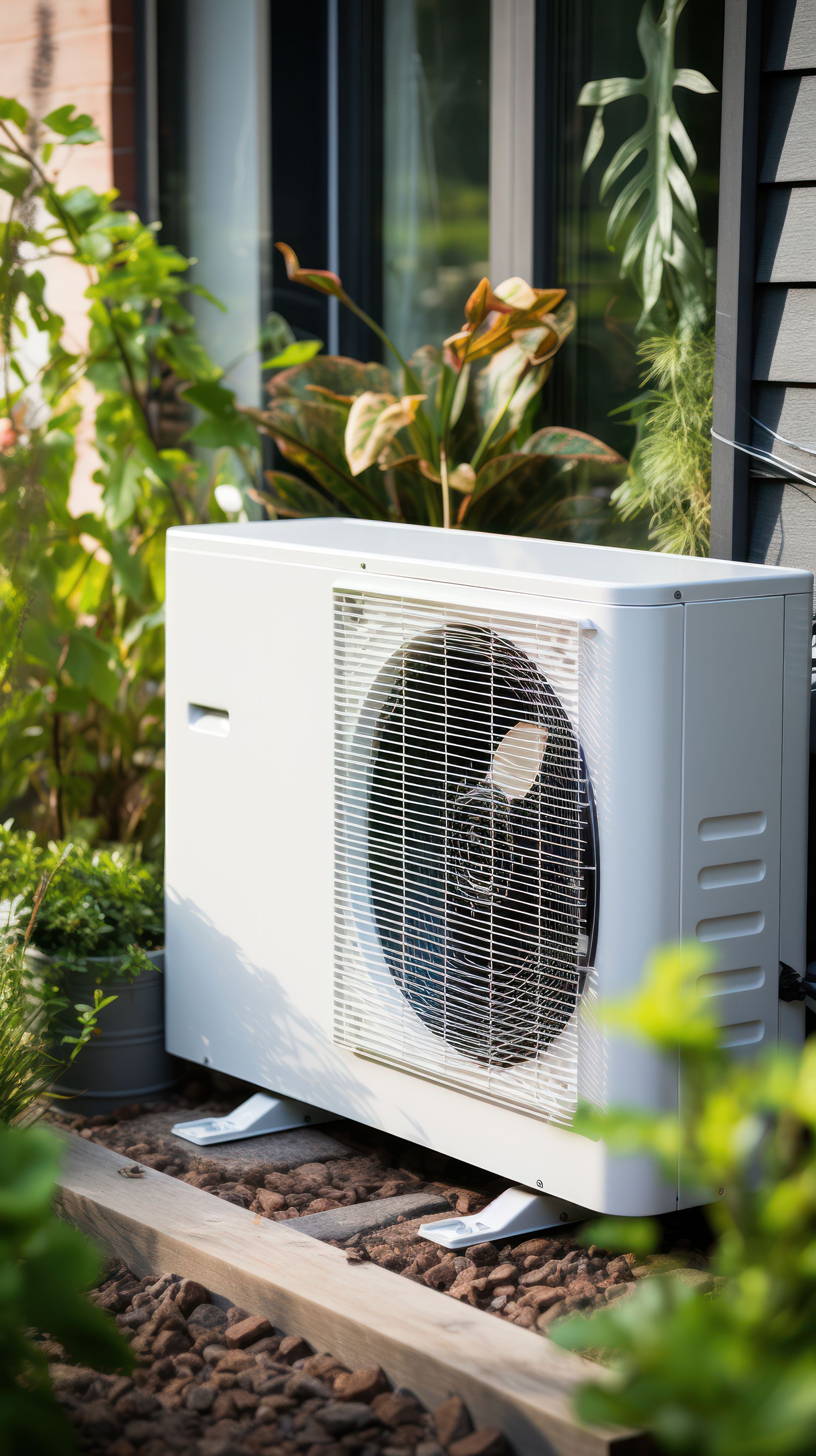 Unité de pompe à chaleur blanche à l'extérieur, près de plantes et d'un bâtiment.