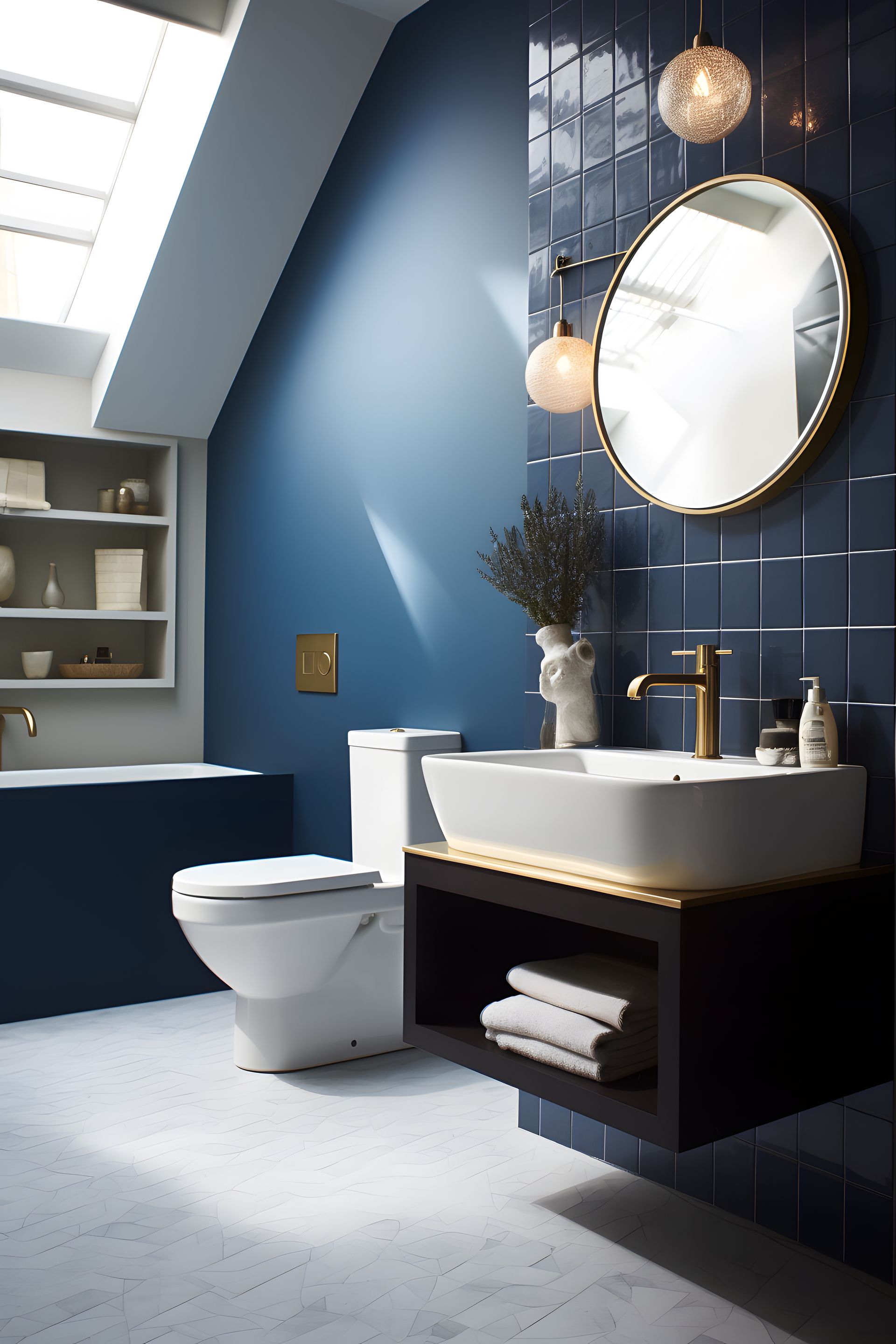 Salle de bains moderne bleue avec puits de lumière, meuble-lavabo, toilettes et miroir rond.