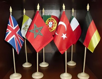 Una colección de siete pequeñas banderas nacionales sobre soportes de madera, dispuestas en fila sobre un fondo oscuro.