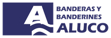 Logotipo de "Banderas y Banderines ALUCO": letra "A" blanca con l&iacute;neas onduladas dentro de un rect&aacute;ngulo azul oscuro junto al nombre de la empresa.