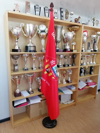 Una estantería de madera que va desde el suelo hasta el techo, repleta de diversos trofeos de plata y oro, parcialmente oculta por una llamativa bandera roja.