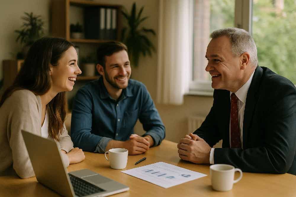 Paar lächelt Finanzberater in einer Besprechung an; Tisch mit Laptop und Dokumenten.