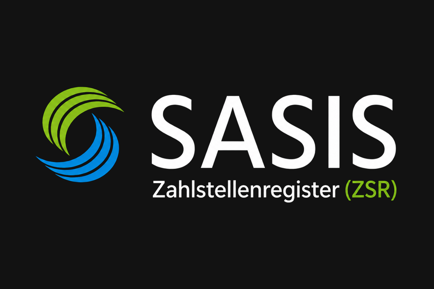 SASIS-Logo mit grünem und blauem Kreissymbol und dem Text „Zahlstellenregister (ZSR)“ auf schwarzem Hintergrund