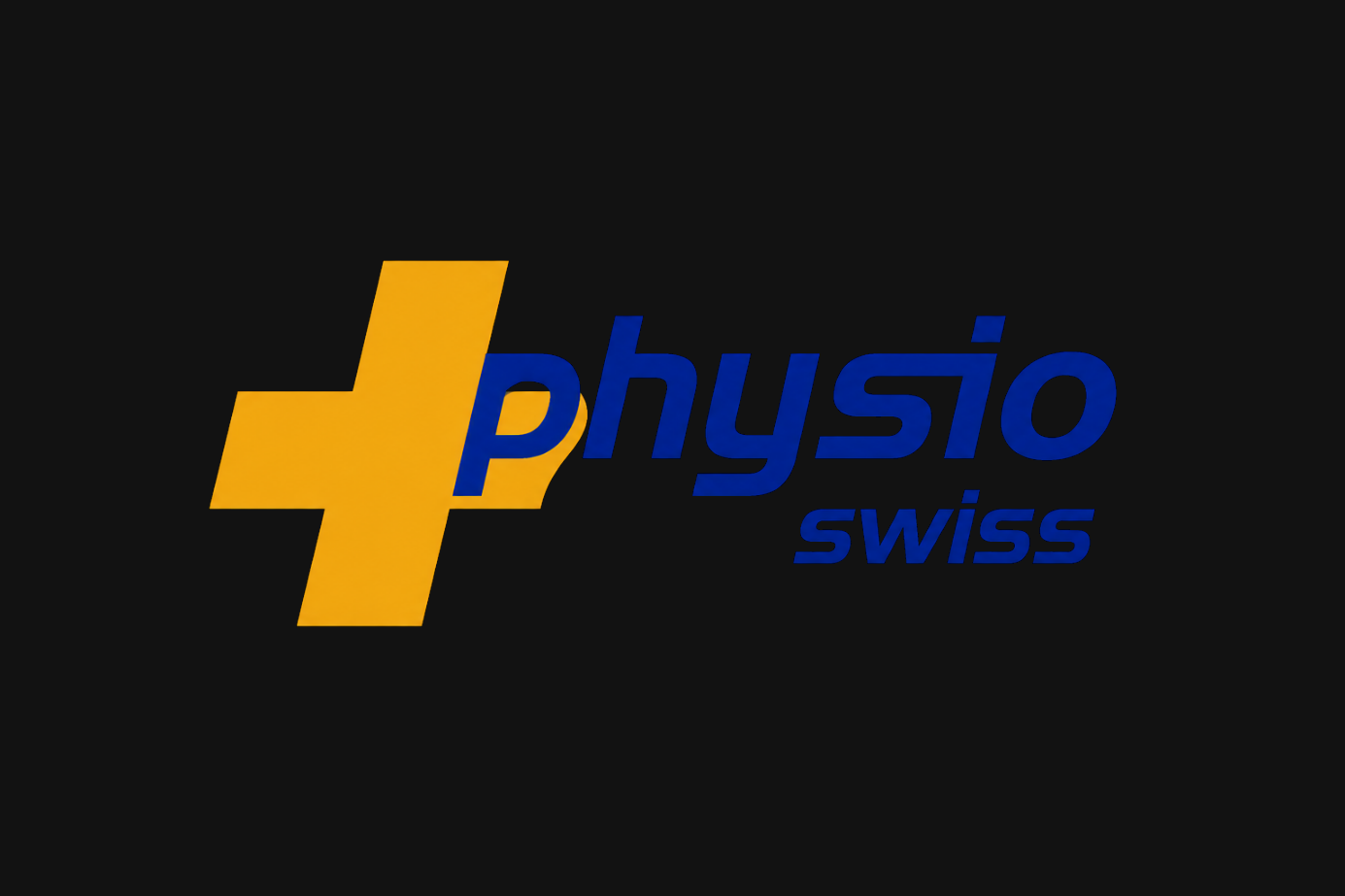 Physio Swiss-Logo mit gelbem Kreuz und blauer Schrift auf schwarzem Hintergrund