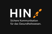 HIN logo on black background with orange dots and German text: “Sichere Kommunikation für das Gesundheitswesen.”