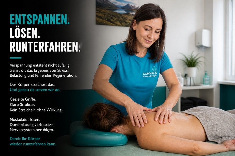 Therapeutin massiert Klienten den Rücken in einem hellen Spa-Raum, daneben deutscher Werbetext.