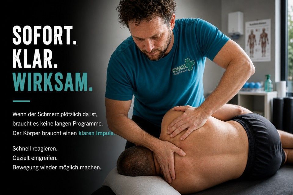 Physiotherapist massaging a patient’s lower back in a clinic; German text reads “SOFORT. KLAR. WIRKSAM.”