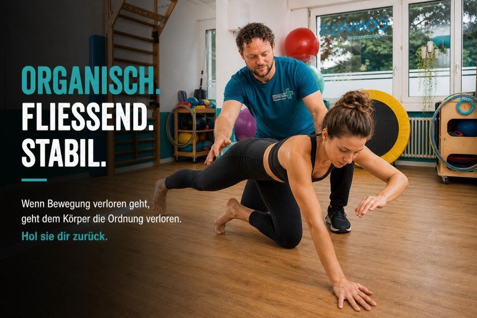 Trainer unterstützt Frau bei Liegestützen im Fitnessstudio; links Werbetext auf Türkis und Weiss
