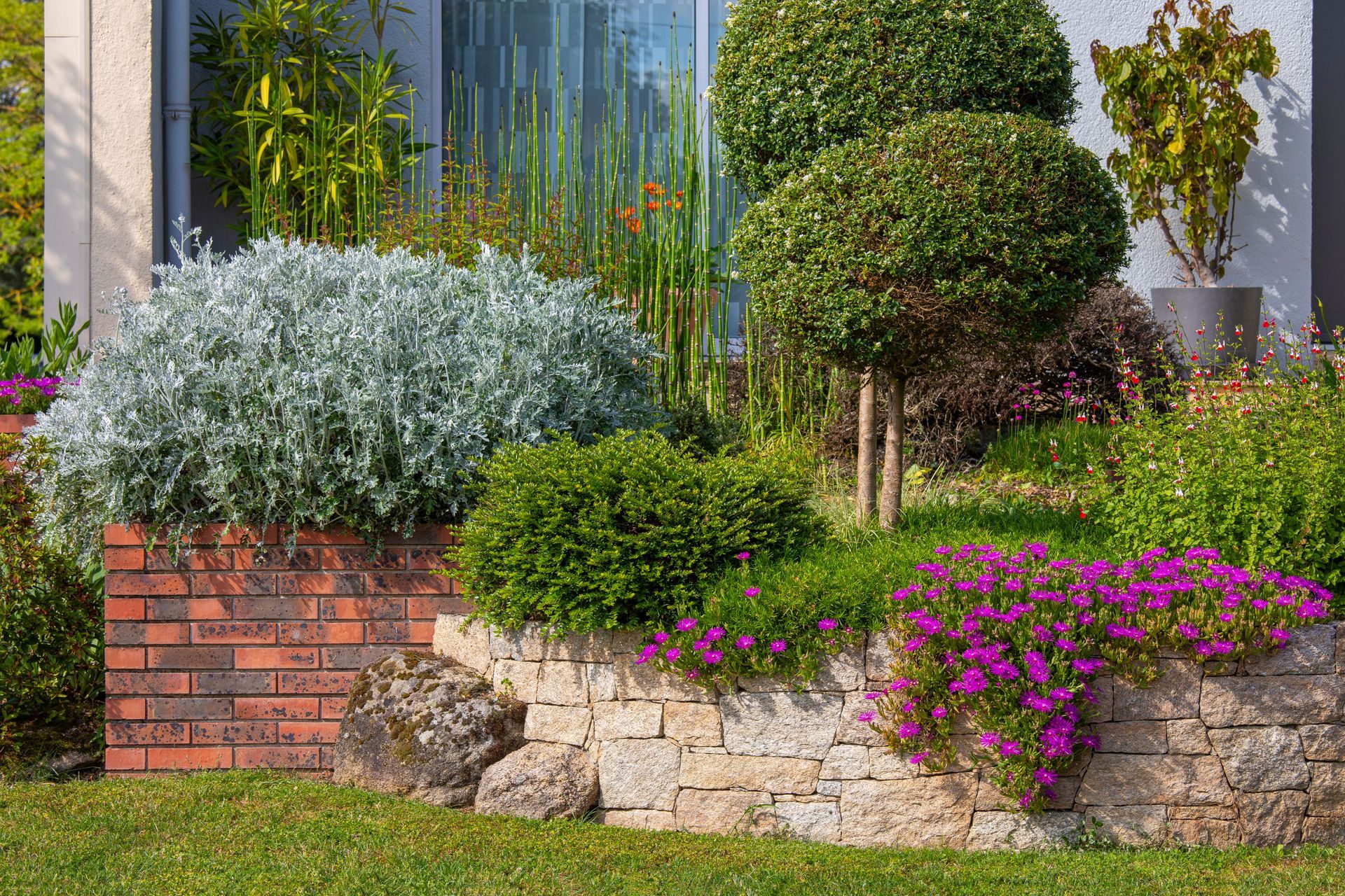 Un jardin à plusieurs niveaux avec des murs en pierre et en briques, comportant diverses plantes, notamment des fleurs violettes, des buissons verts et du feuillage argenté.
