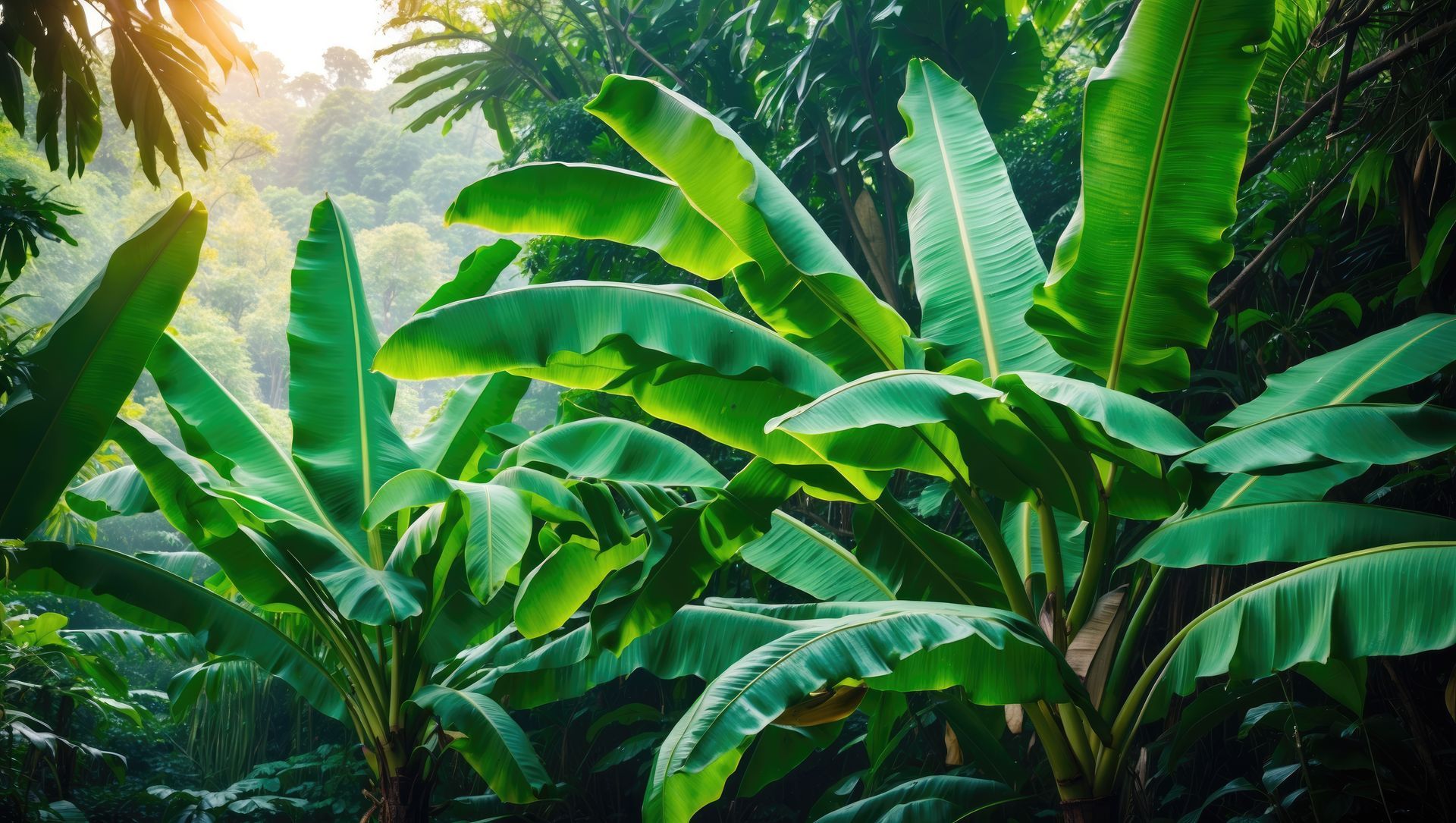 Des bananiers verts luxuriants dans un décor de forêt tropicale, illuminés par la lumière du soleil.