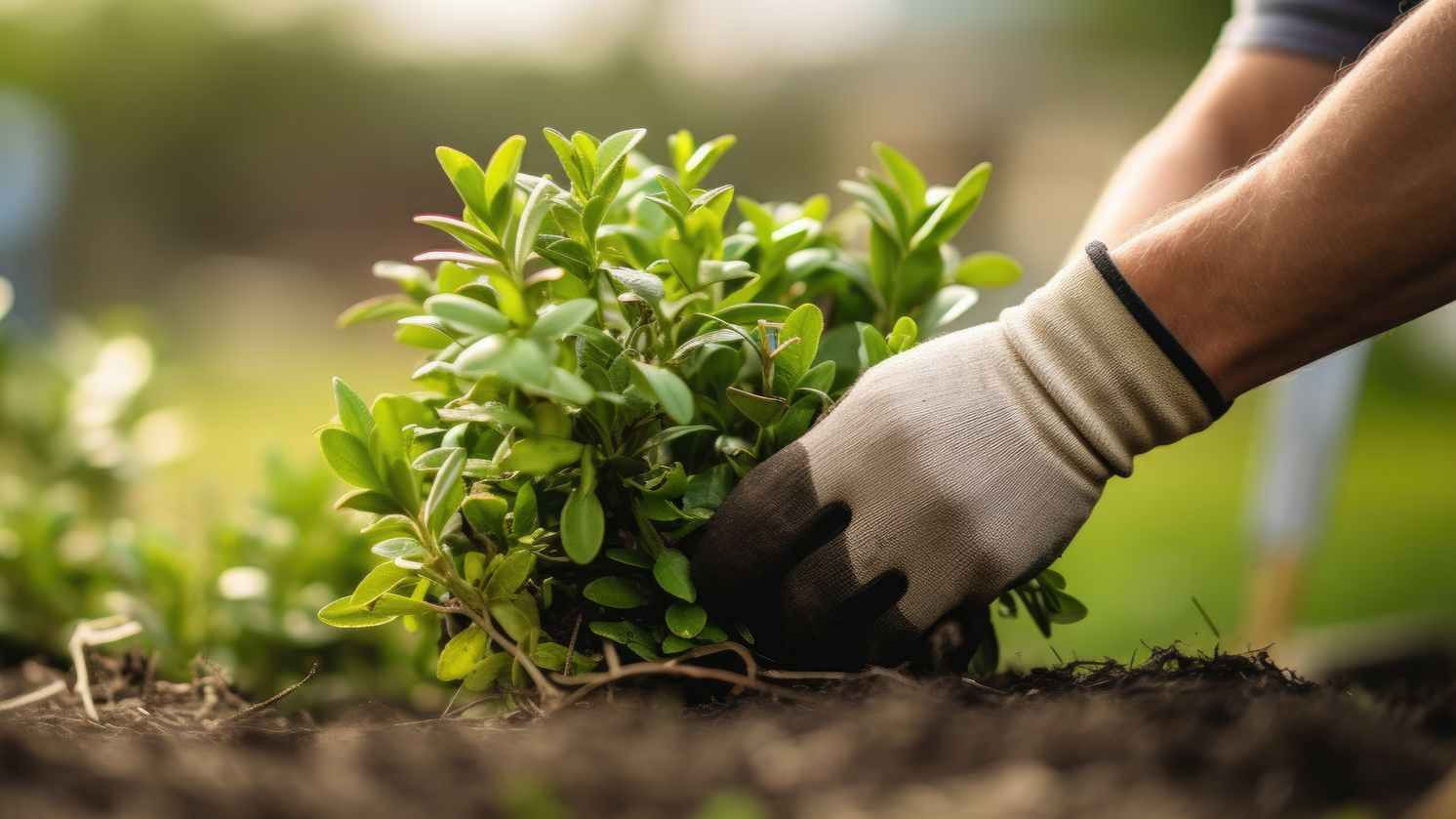Personne plantant un arbuste vert dans un sol sombre, portant des gants de jardinage.