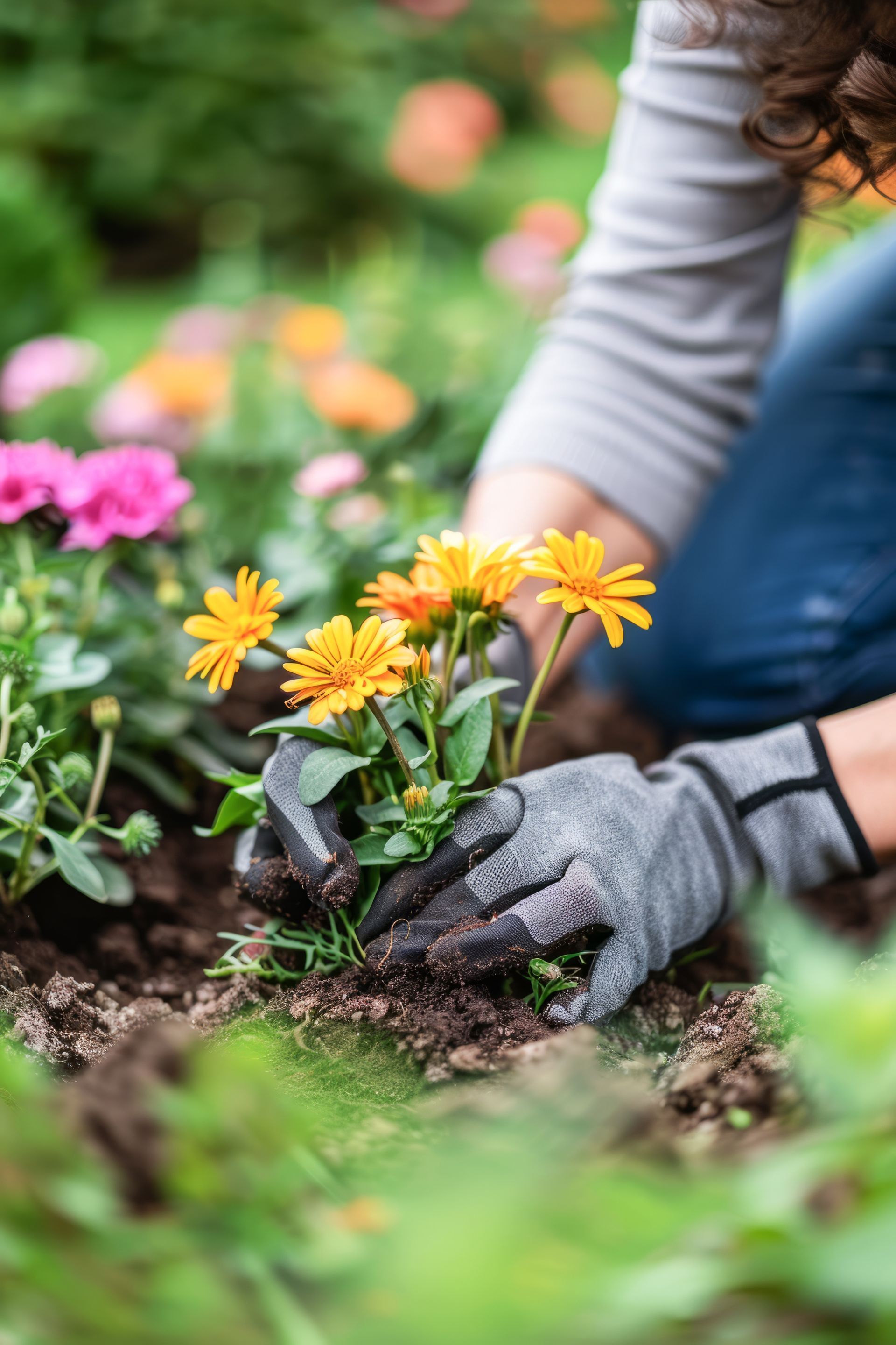 Personne plantant des fleurs jaunes dans un jardin, portant des gants.