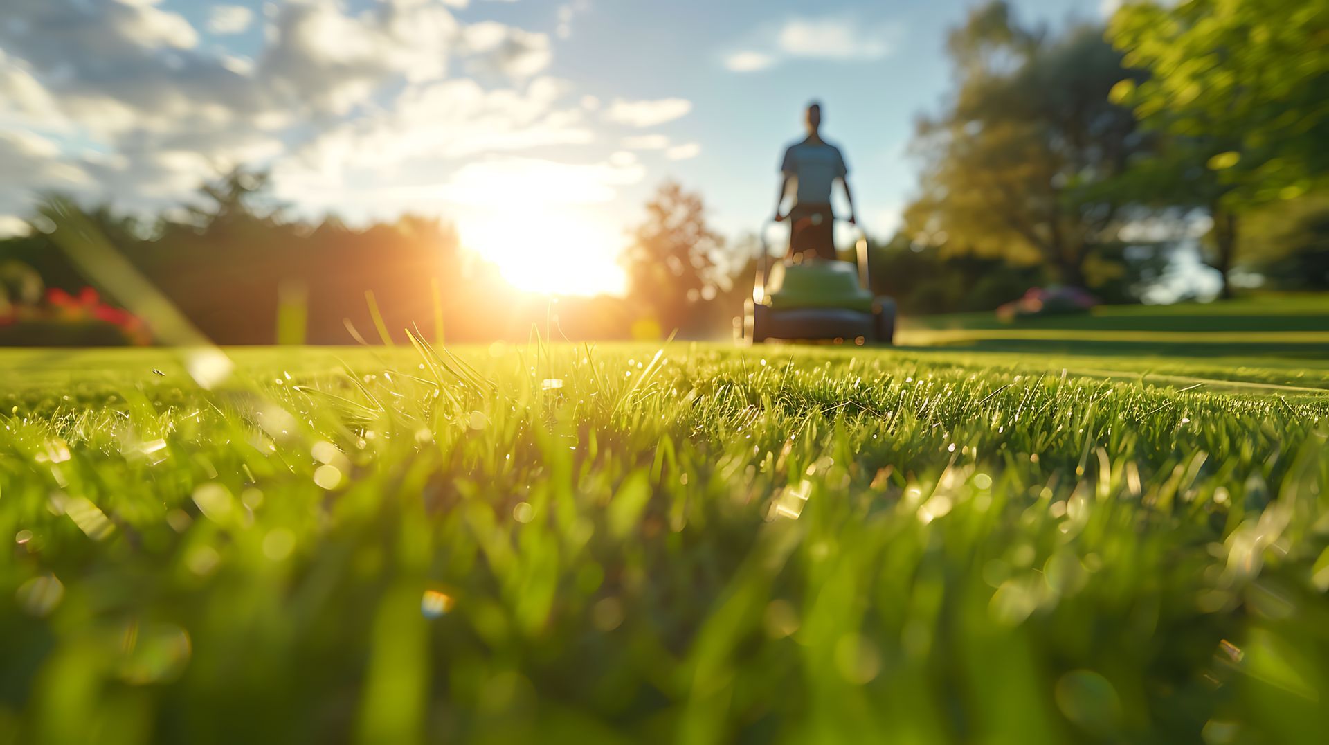 Un homme tond une pelouse verte luxuriante au coucher du soleil.