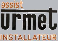 Logo pour Assist Urmet Installateur avec texte noir, orange et gris sur fond gris.
