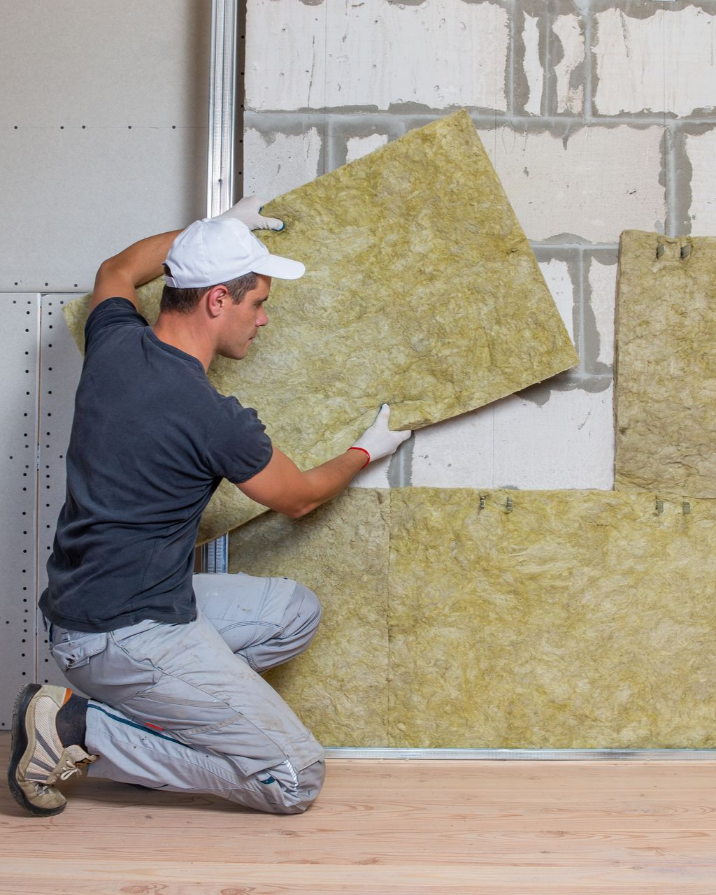 Un homme installe de l'isolant sur un mur. Agenouillé et ganté, il pose un panneau.