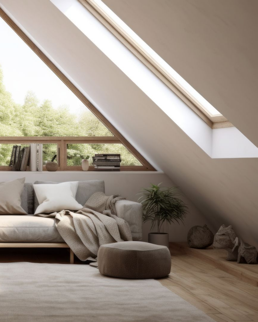 Chambre mansardée confortable avec fenêtre en biais, canapé et tapis. Murs clairs, parquet et lumière naturelle.