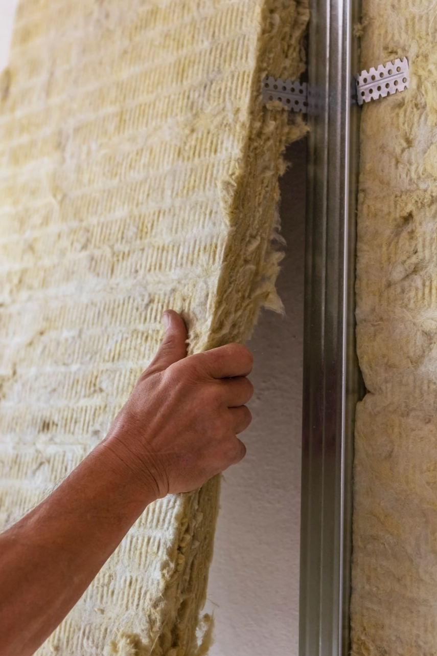 Pose manuelle d'un panneau isolant sur un mur à montants métalliques.