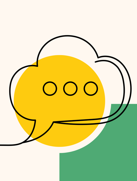 Bulle de dialogue avec trois points : un cercle jaune et un carré vert, sur fond clair.