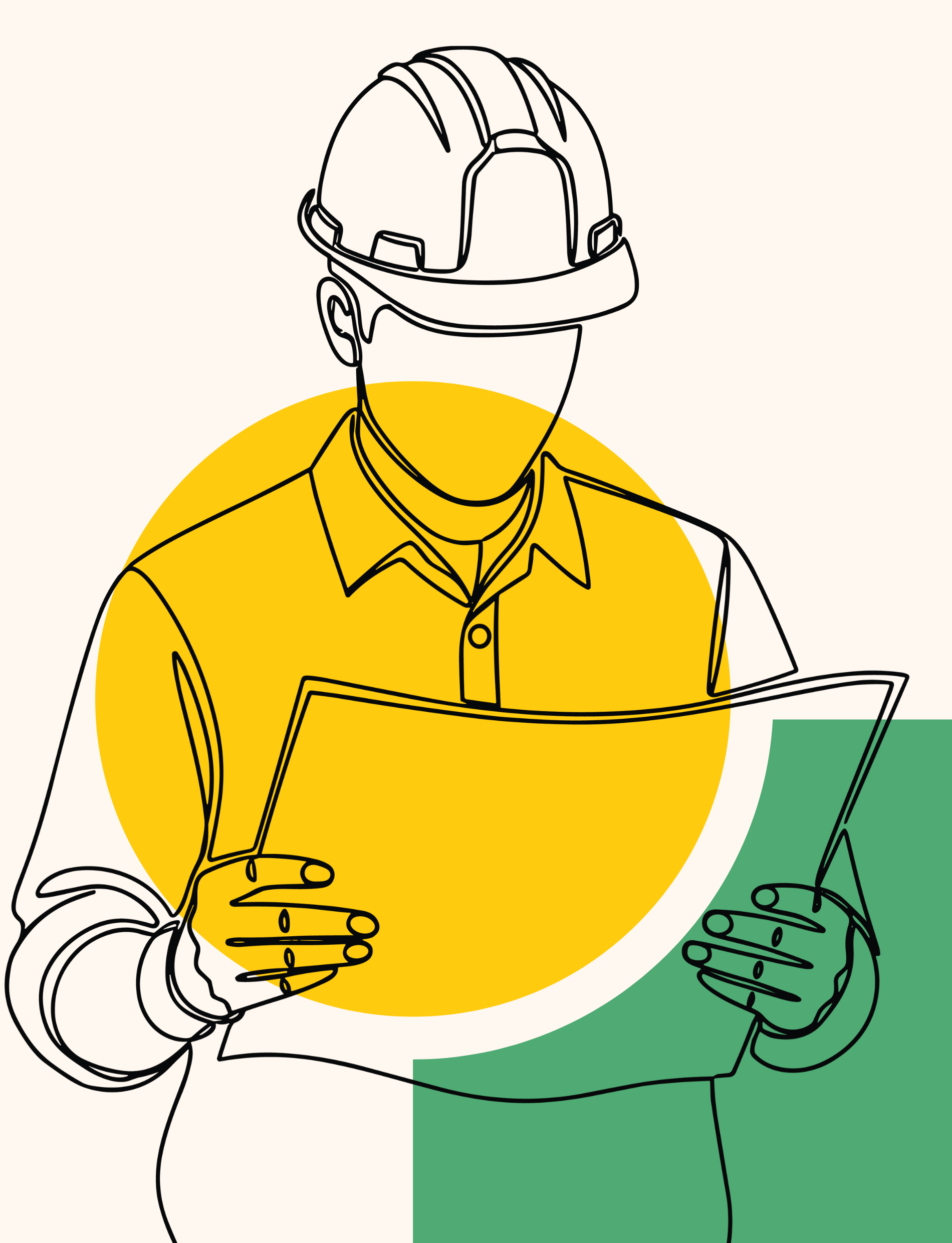 Un ouvrier du bâtiment portant un casque de chantier examine des plans, avec des formes géométriques jaunes et vertes en arrière-plan.
