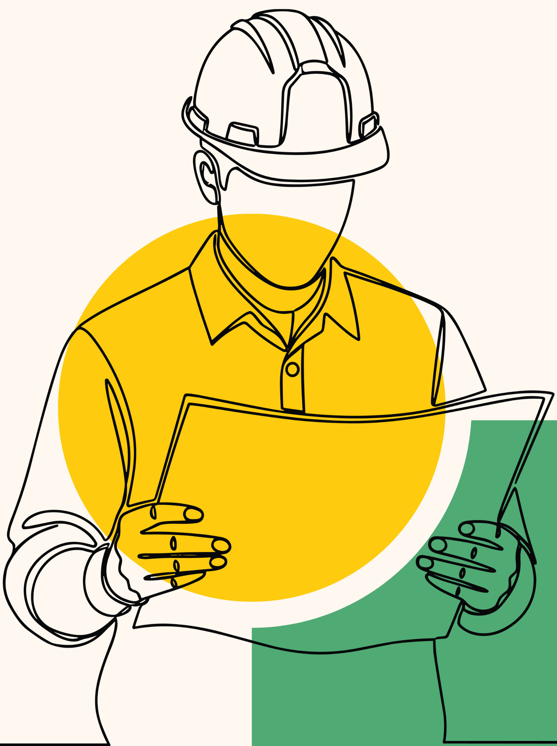 Un ingénieur portant un casque de chantier, lisant des plans, des formes géométriques jaunes et vertes.