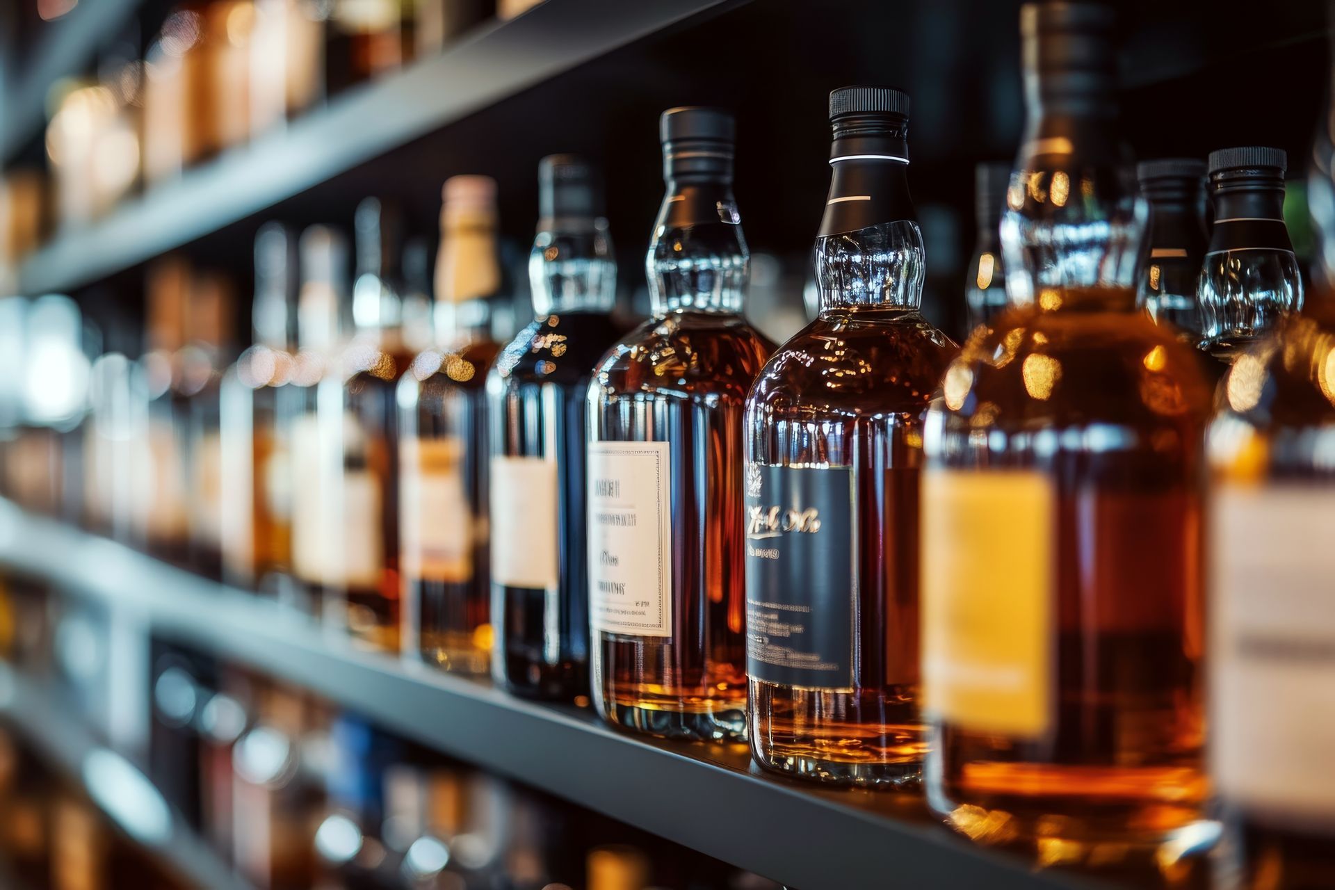 Des rangées de bouteilles d'alcool ambrées sur des étagères dans un bar ou une allée de magasin à l'éclairage tamisé.