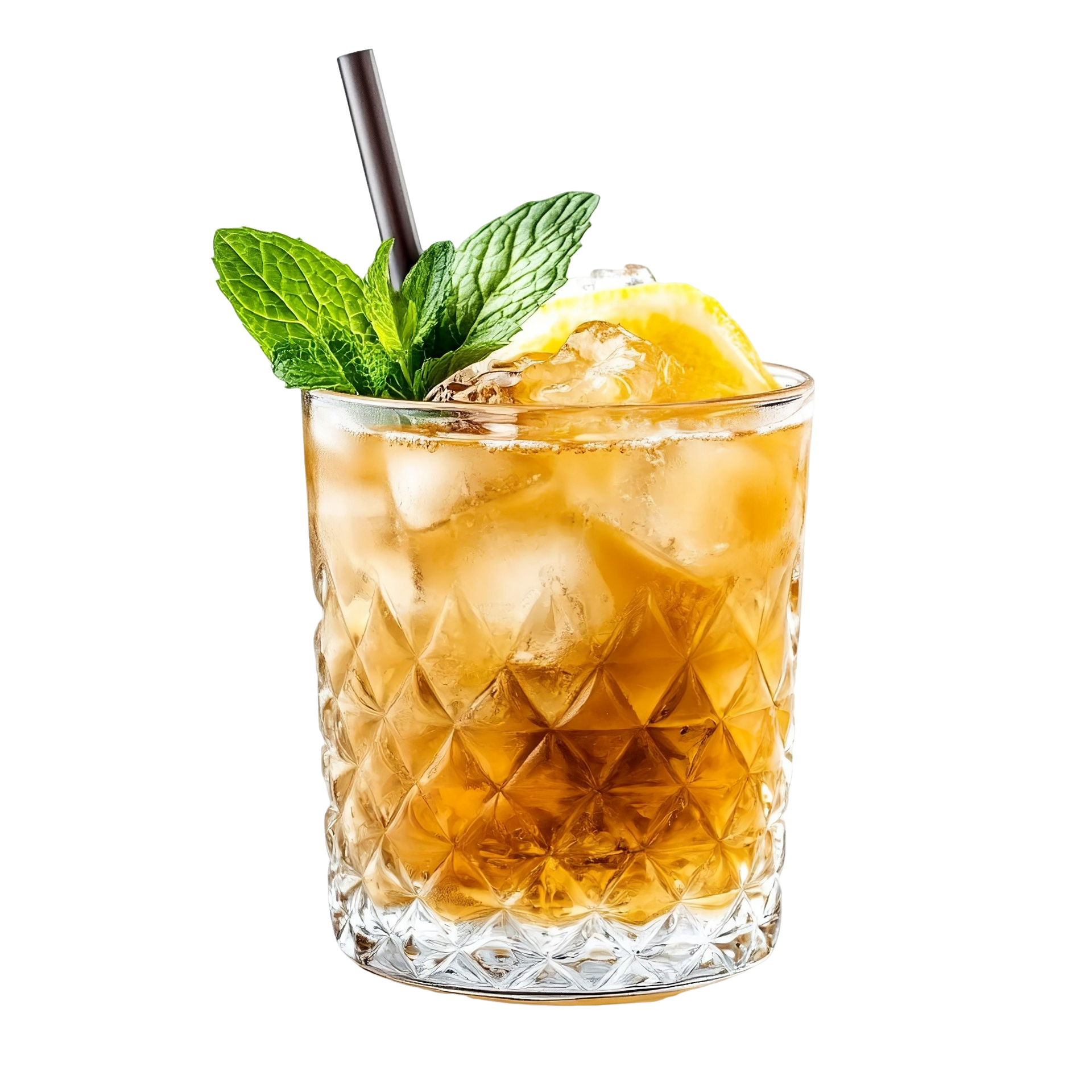 Cocktail ambré avec glace, brin de menthe, paille et garniture de citron dans un verre texturé