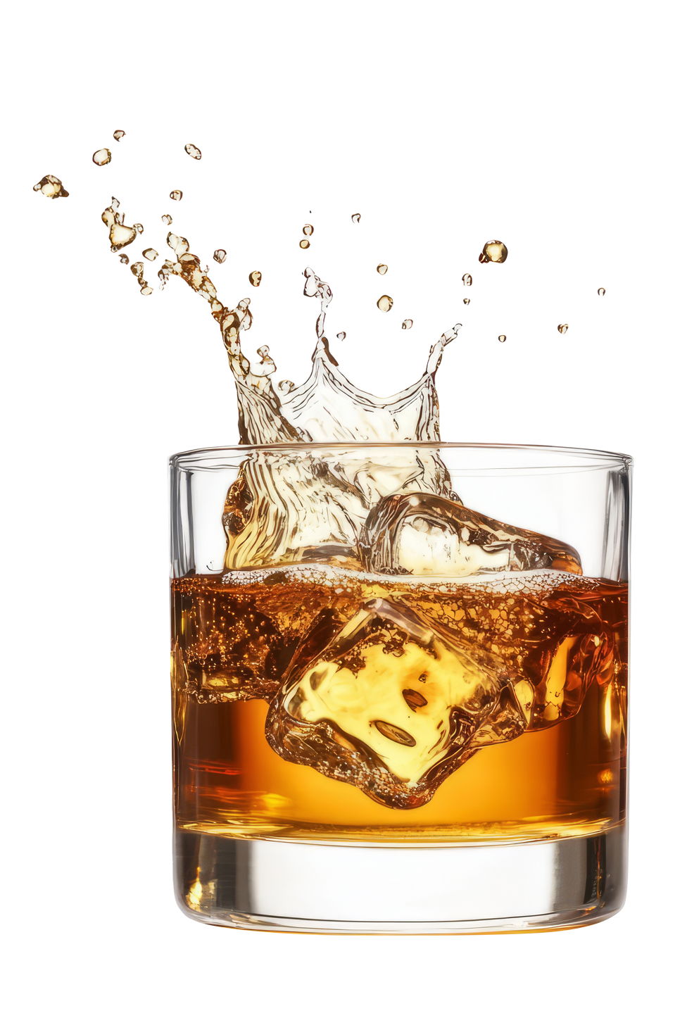 Verre à whisky avec des glaçons, laissant éclabousser une liqueur ambrée sur fond blanc