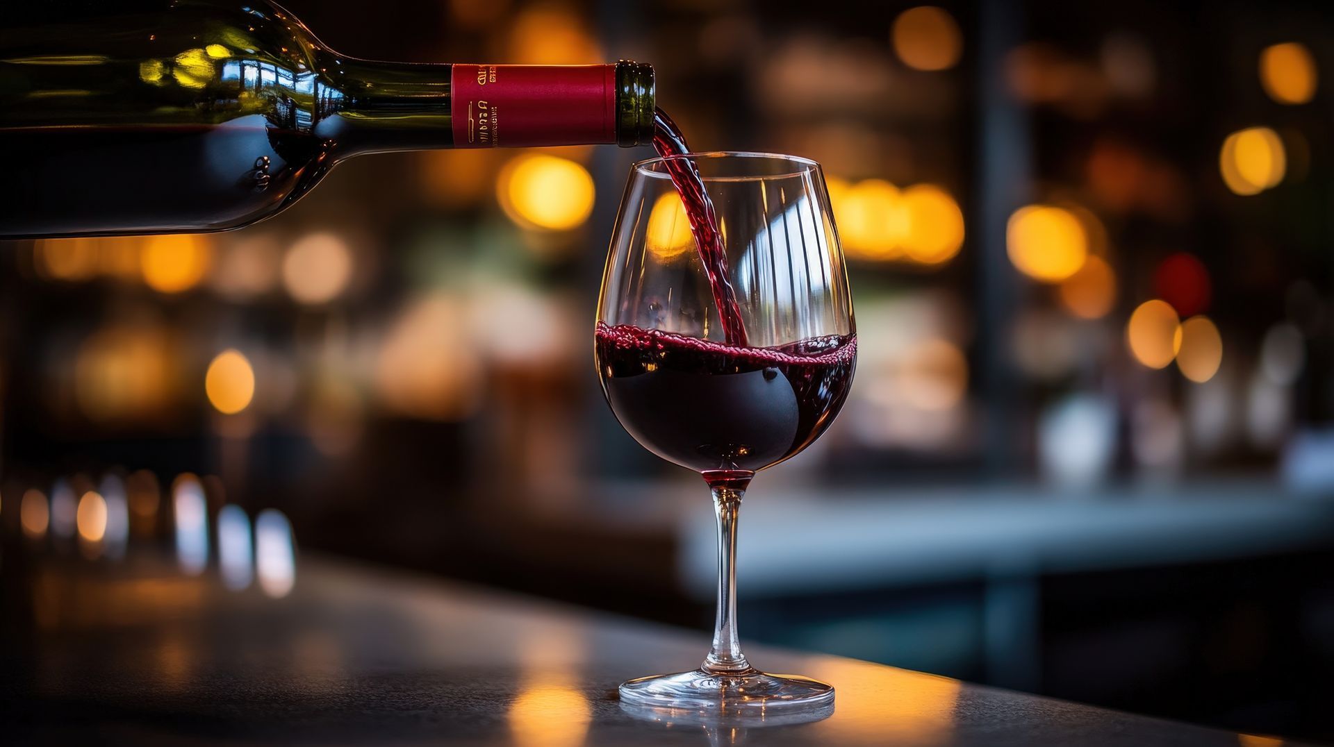 Du vin est versé dans un verre dans un bar faiblement éclairé, avec des lumières chaudes et diffuses en arrière-plan.