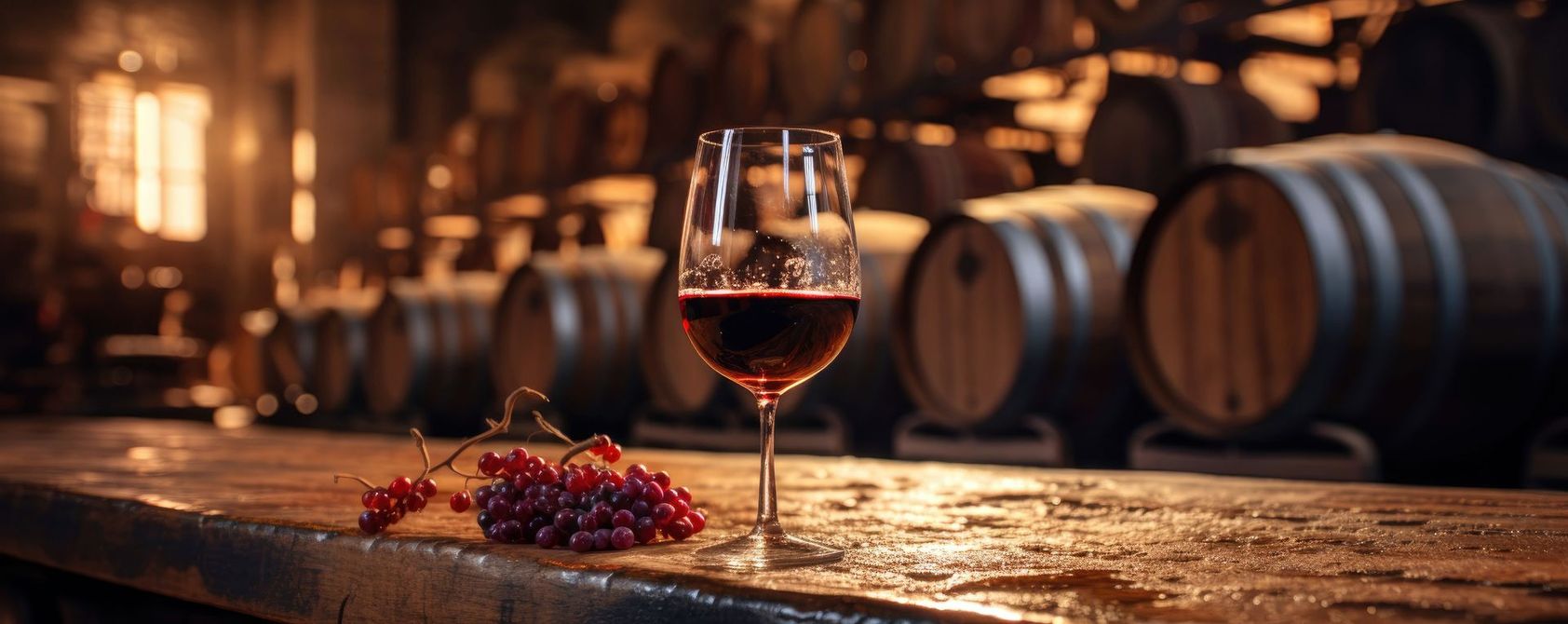 Un verre de vin posé sur une table en bois humide, à côté de grappes de raisin rouge, dans une cave sombre avec des tonneaux en arrière-plan.