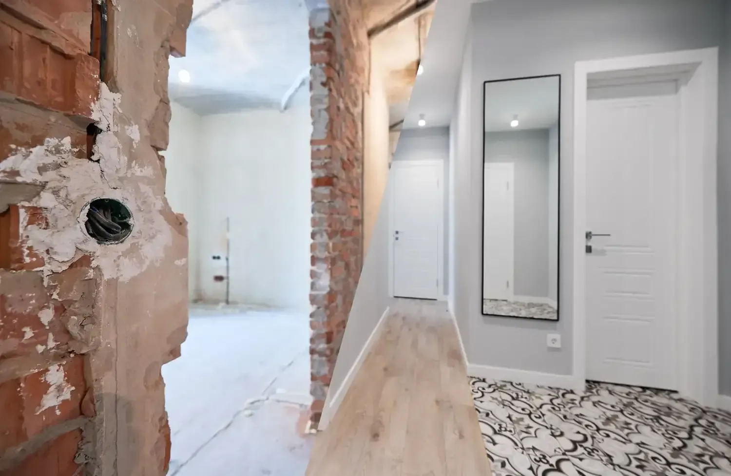 El interior de un pasillo muestra la transición entre una habitación con paredes de ladrillo.