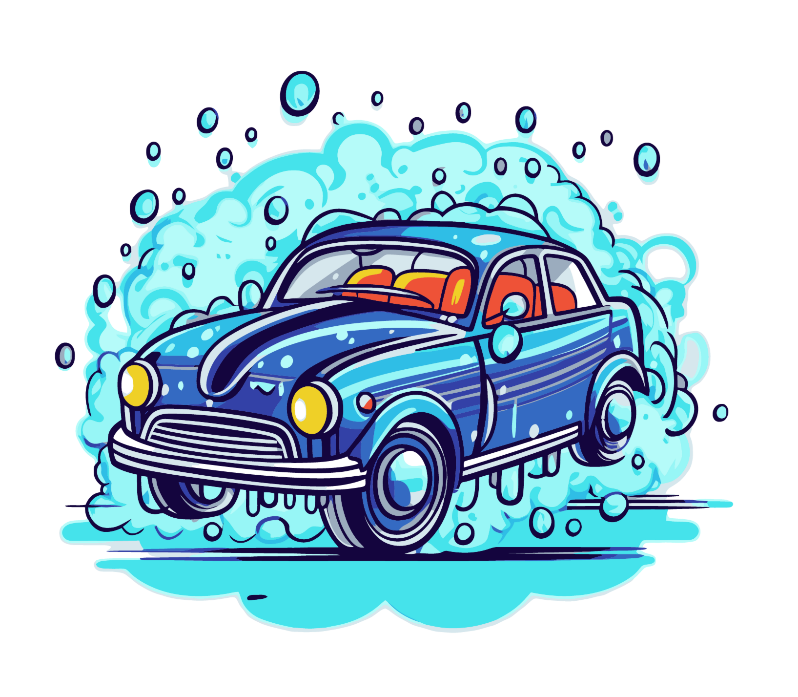 Une voiture bleue est lavée, entourée de bulles bleues.