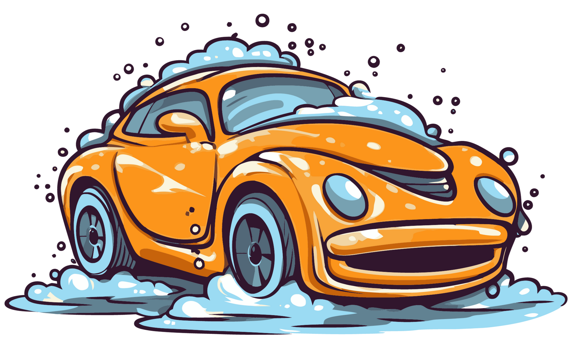 Voiture orange recouverte de bulles de savon.