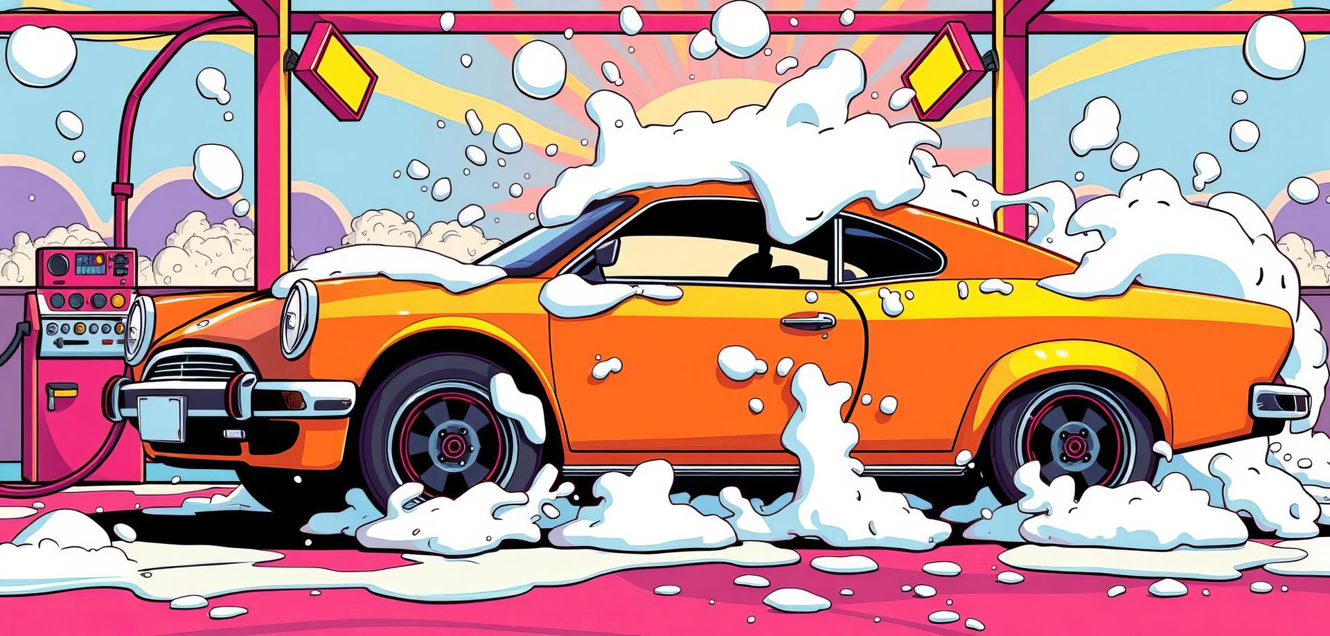 Voiture orange en cours de lavage.