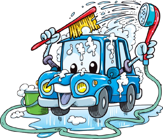 Voiture bleue se lavant elle-même avec une brosse et une douche.
