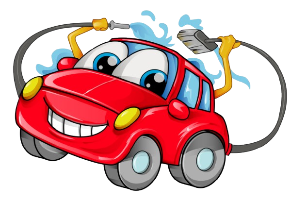 Une voiture rouge avec de grands yeux et un sourire est lavée par des tuyaux d'arrosage.