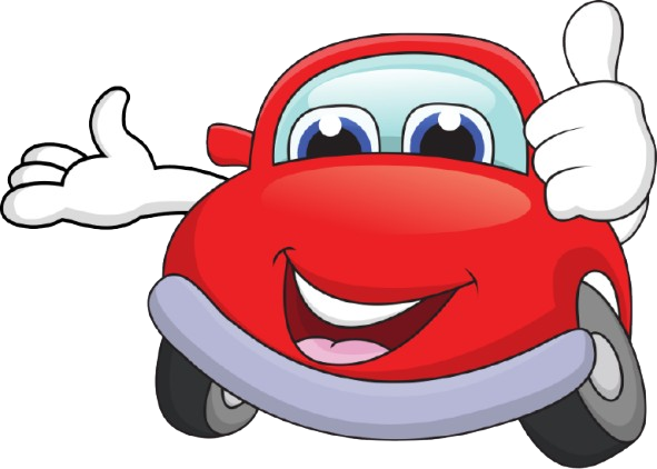 Voiture rouge avec un visage souriant et un pouce levé.