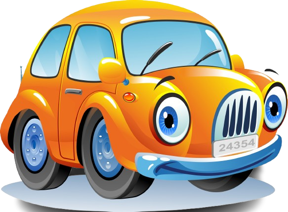 Voiture orange avec de grands yeux bleus et un visage souriant.