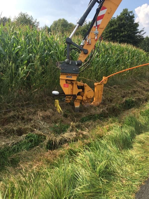 Ein gelber Kran schneidet Gras auf einem Feld.