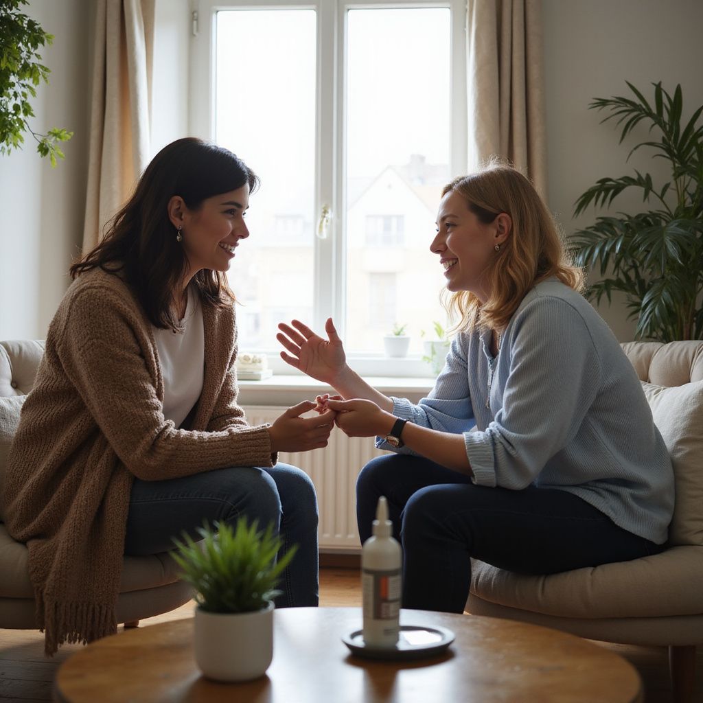 Dos personas están sentadas frente a frente en sillas, hablando y gesticulando. Están cerca de una ventana en una sala de estar.