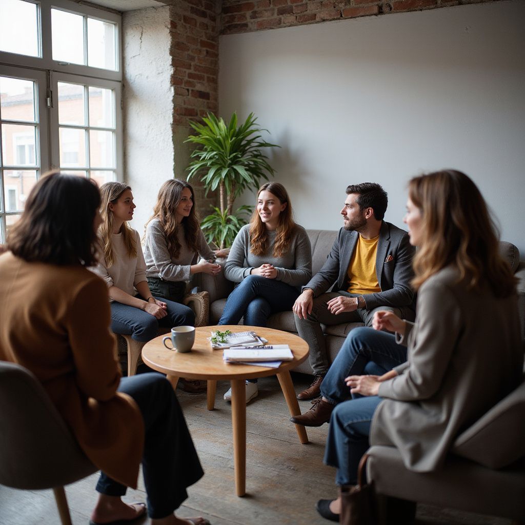 Personas sentadas en círculo conversando en una sala. Una mesa pequeña contiene una taza y un bloc de notas.