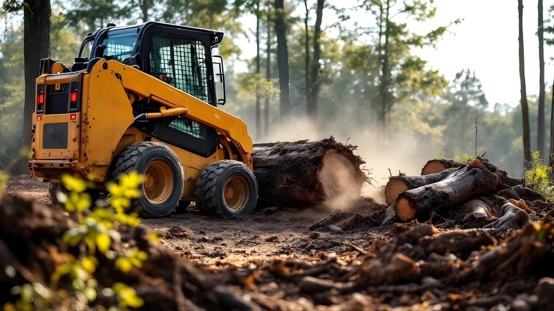 Chargeuse compacte déplaçant des grumes dans une forêt.