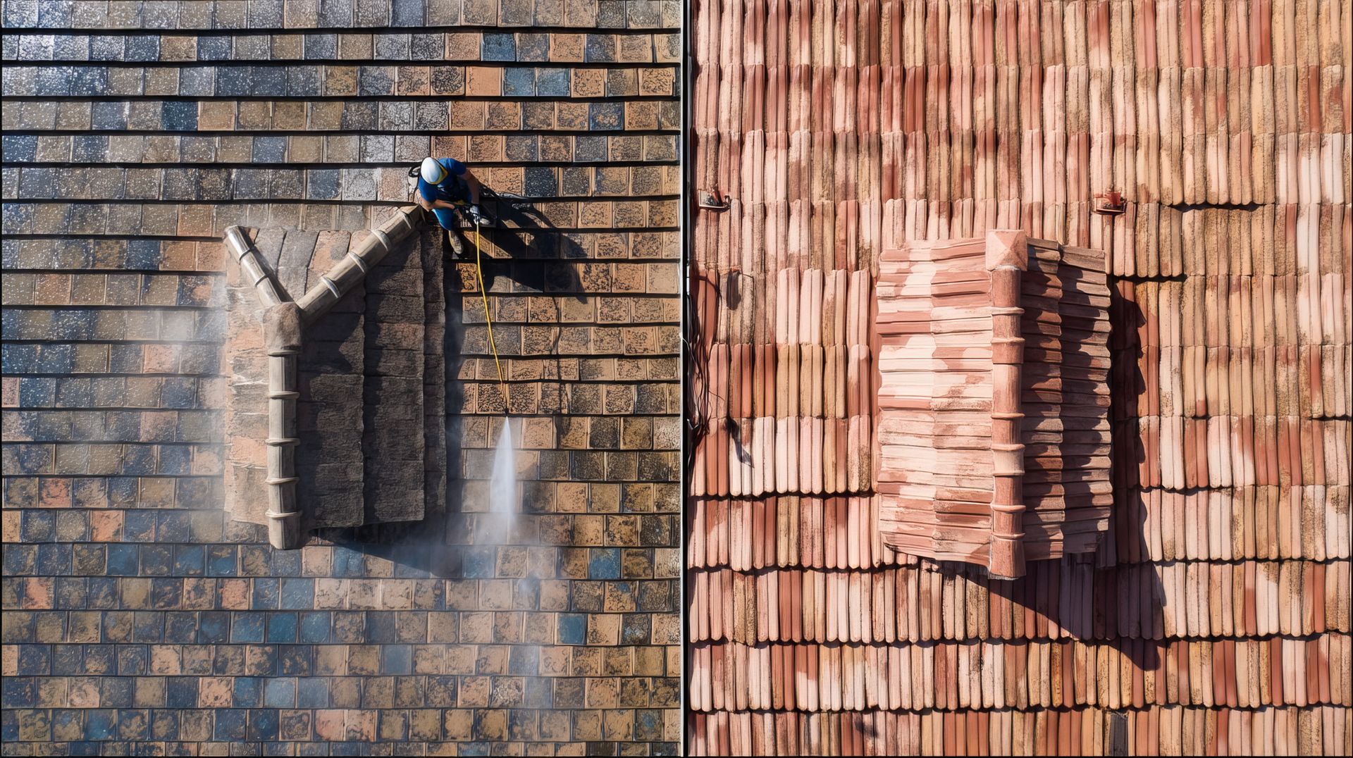Un ouvrier nettoie un toit au jet d'eau, nettoyant le côté gauche, révélant la nouvelle couleur des tuiles.