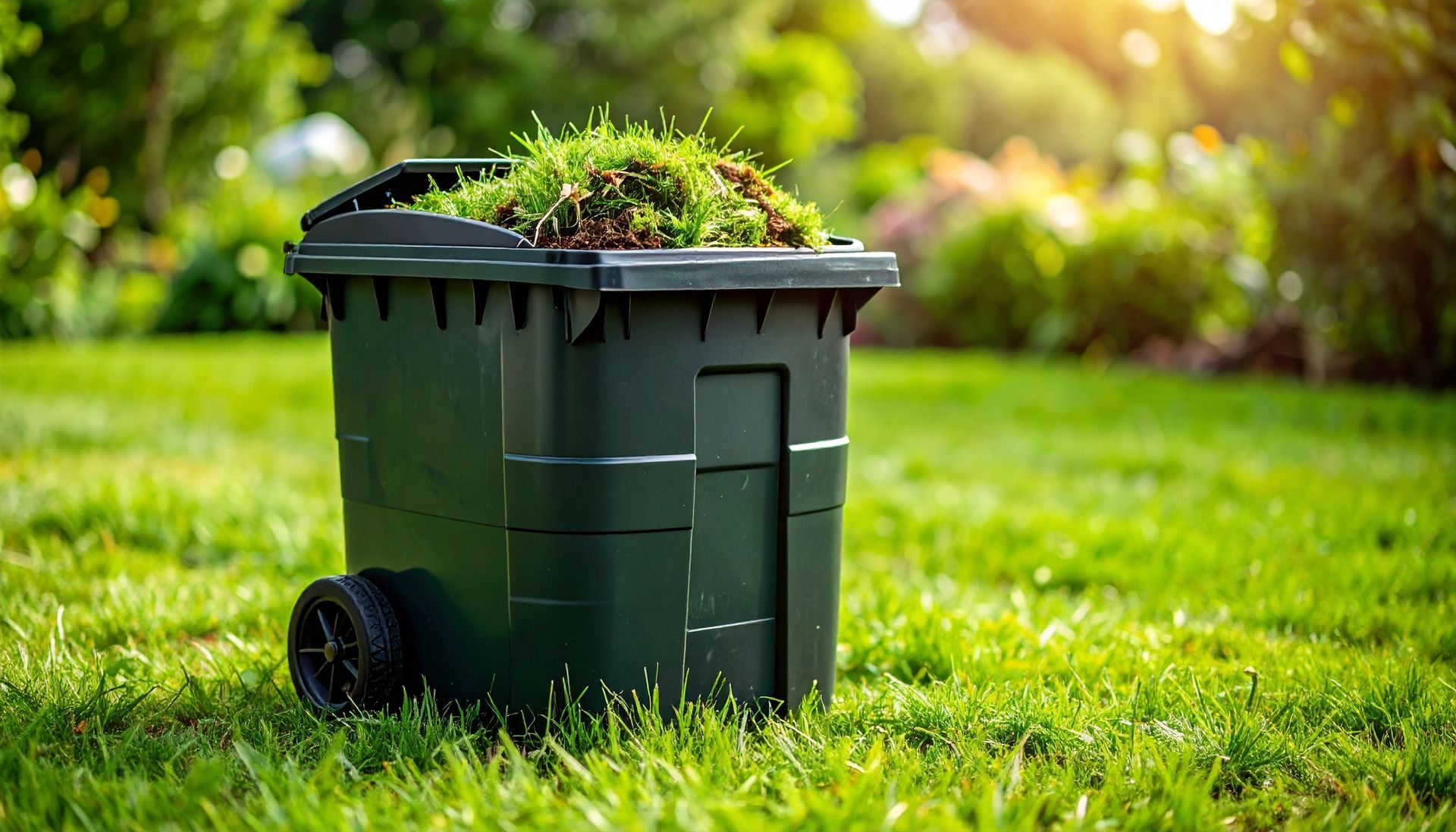 Poubelle sur une pelouse herbeuse, remplie d'herbe coupée.